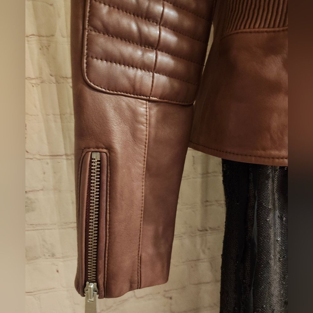 AllSaints “Alder Biker" Brown Buttery Leather Moto Jacket US 6/ EU 38 Ret. $499 - Picture 9 of 14